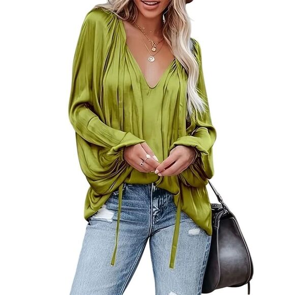 Chic Trendy Satin V-Neck Green Blouse Long Balloon Sleeve Casual Top Party - Picture 3 of 9